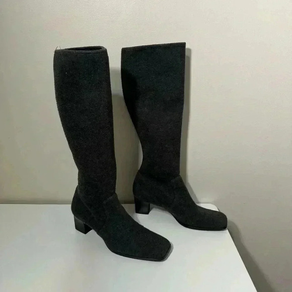 Vintage 80s Yves Saint Laurent gray wool felt square toe knee  high boots 6 - Picture 9 of 11